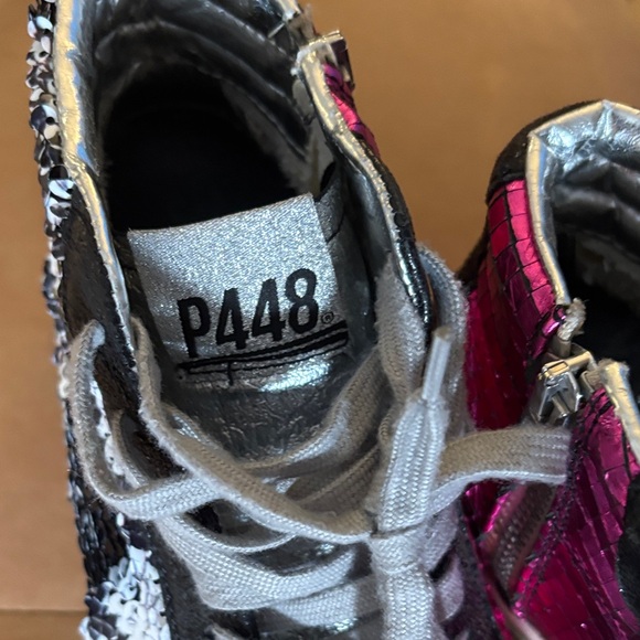 P448 Women's Sequin/metallic Black and Pink High-Top Skate Sneakers - Picture 2 of 8